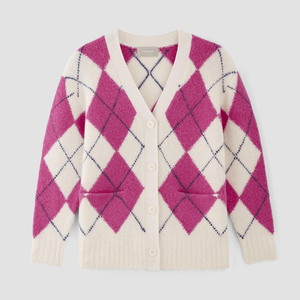 Everlane SuperFuzz Alpaca Cardigan in Bone White/Fuchsia Pink/Navy